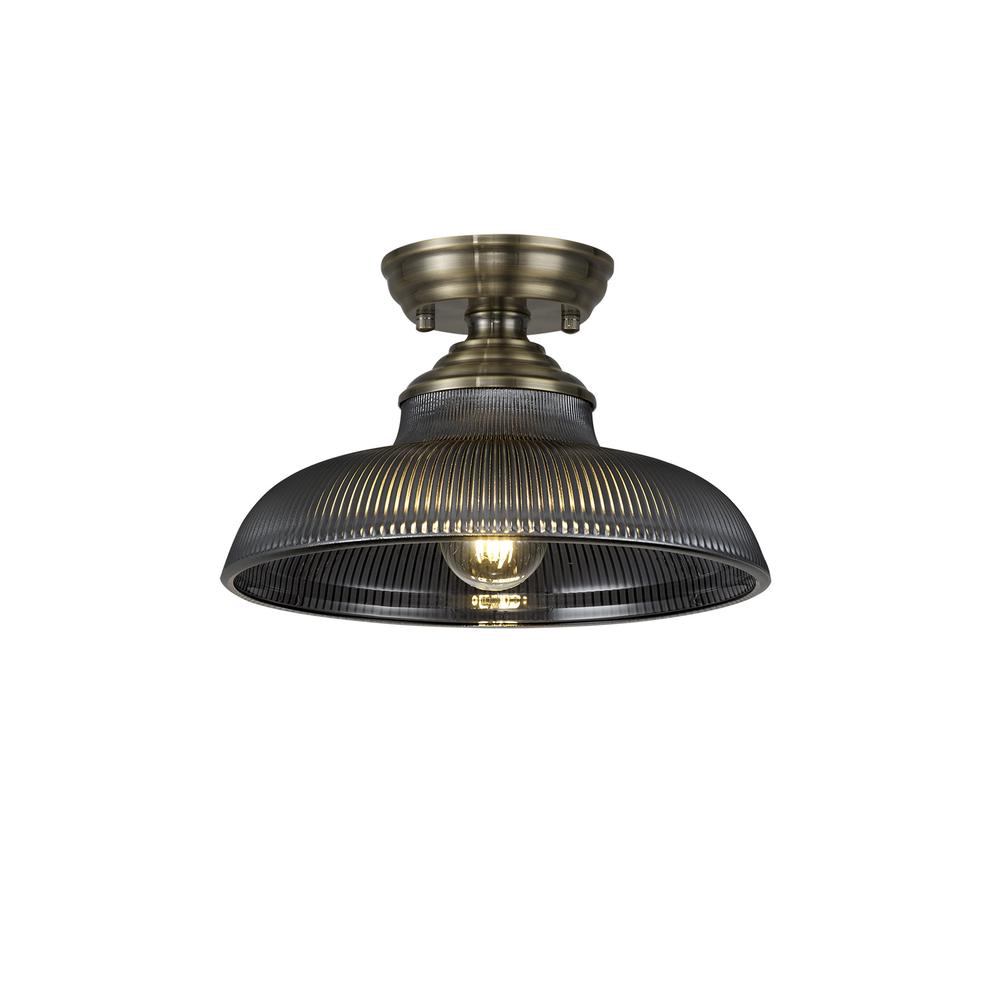 Luxuria Sirius Flush Ceiling Light E27 With Round 30cm Glass Shade Antique Brass/Smoked