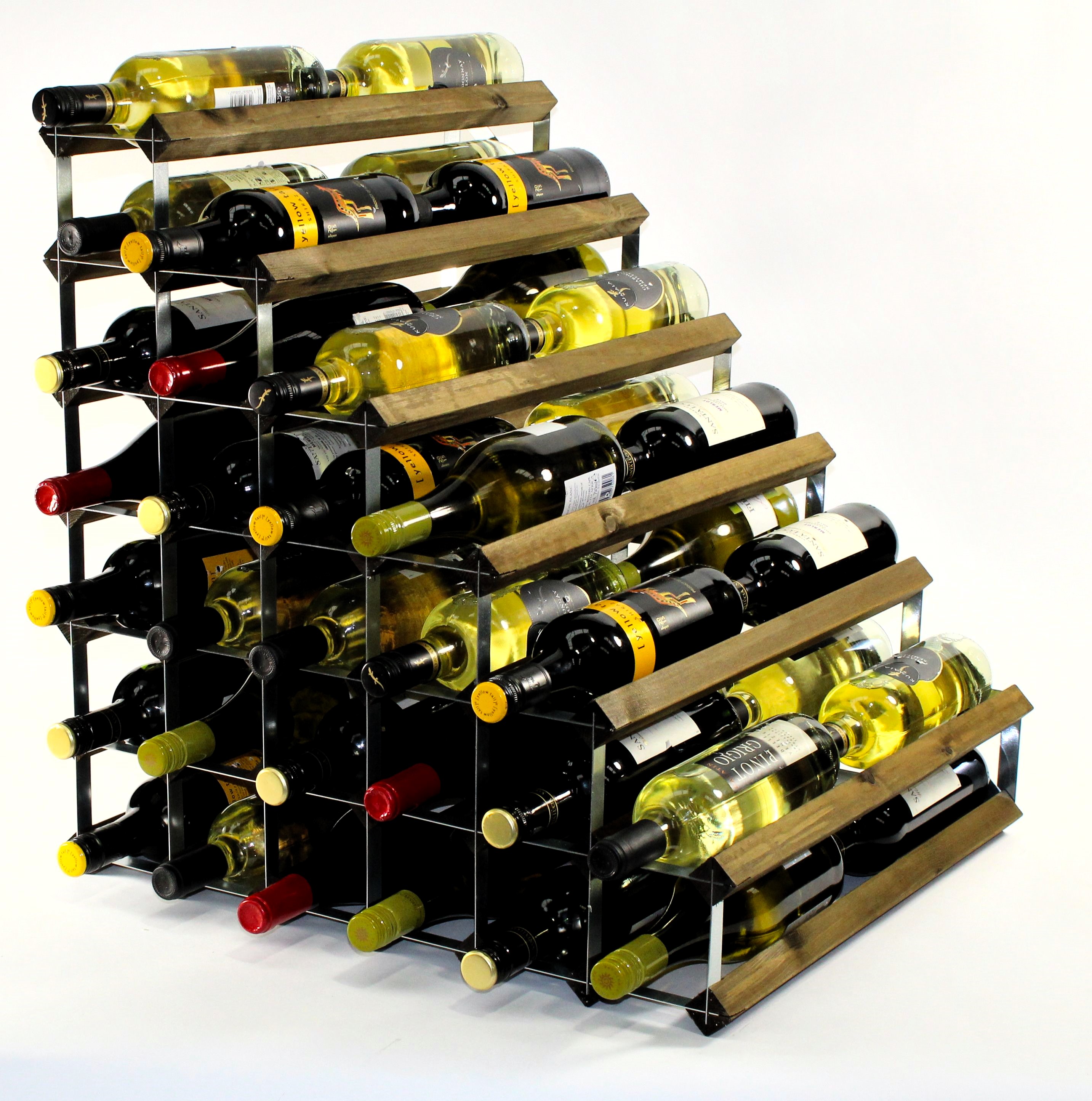Double depth 54 bottle understairs wine rack - Walnut stain wood - Galvanised metal