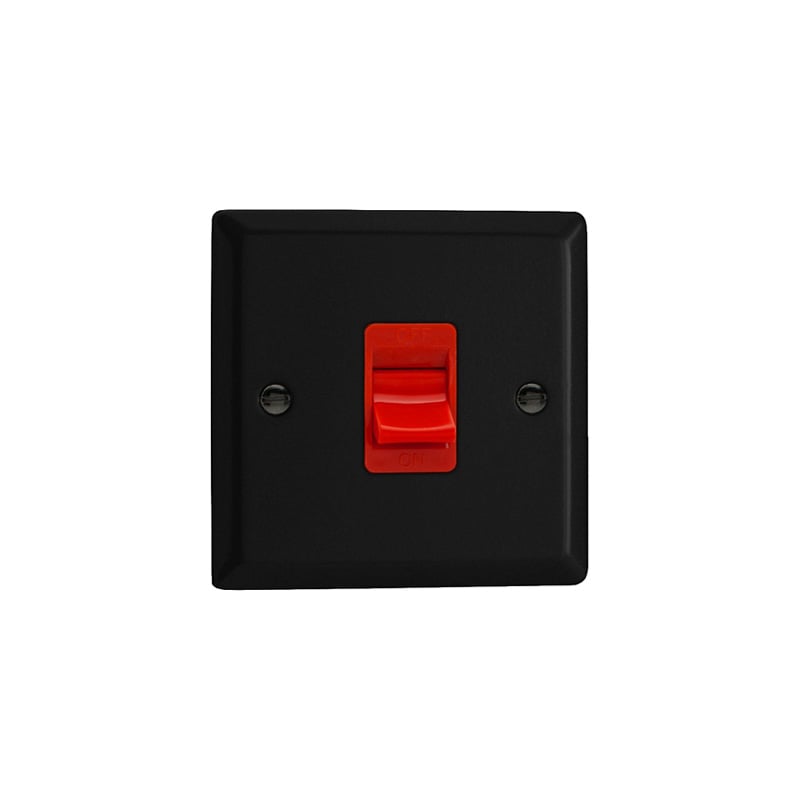 Varilight Urban 45A Single Plate Cooker Switch with Red Rocker Matt Black (Standard Plate)