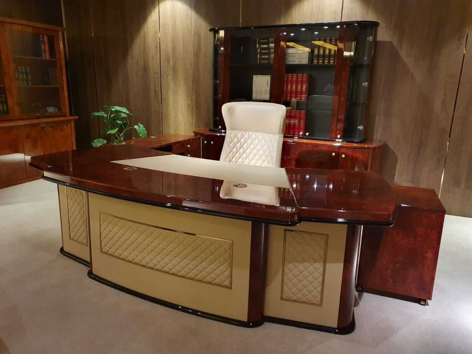 Specialising In Luxury Executive Desk Gloss Walnut with Cream Leather - 2600mm - G8028 UK