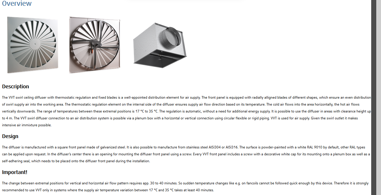 VVT-B-600 Thermostatic diffuser, type B, galvanised mild steel, RAL9010