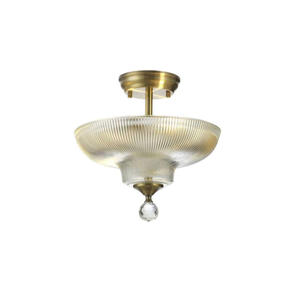 Luxuria Sirius Flush Ceiling Light 2xE27 With Round 30cm Glass Shade Antique Brass/Clear