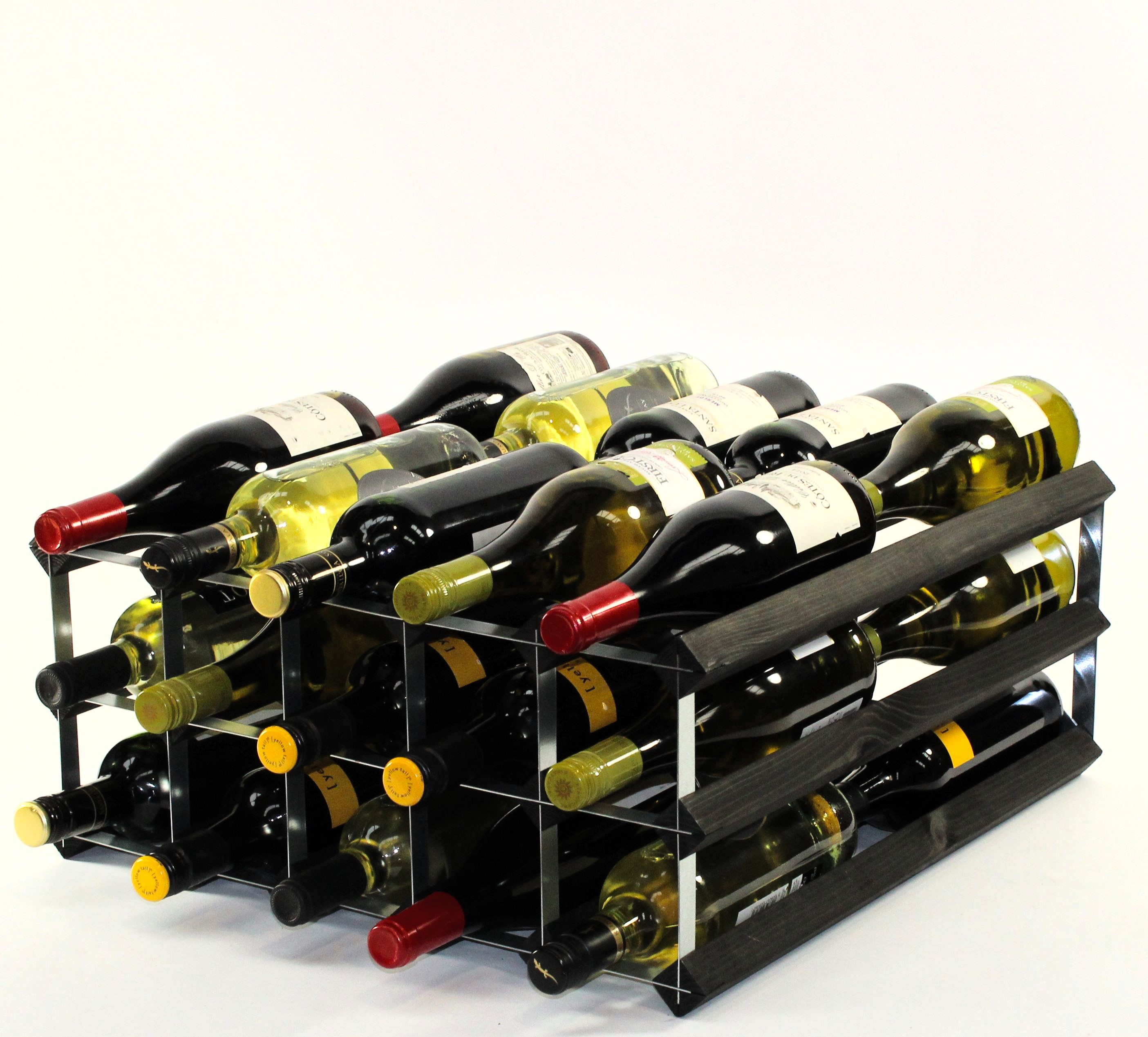 Double depth 30 bottle wine rack - Black stain wood - Galvanised metal