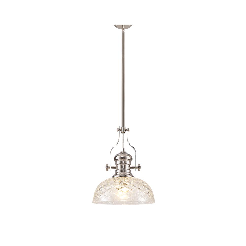 Luxuria Serena Pendant With 30cm Flat Round Patterned Shade E27 Polished Nickel/Clear Glass