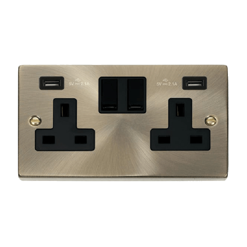 Click Deco 13A 2G Switched Socket with Twin 2.1A USB Outlets Antique Brass Insert Black