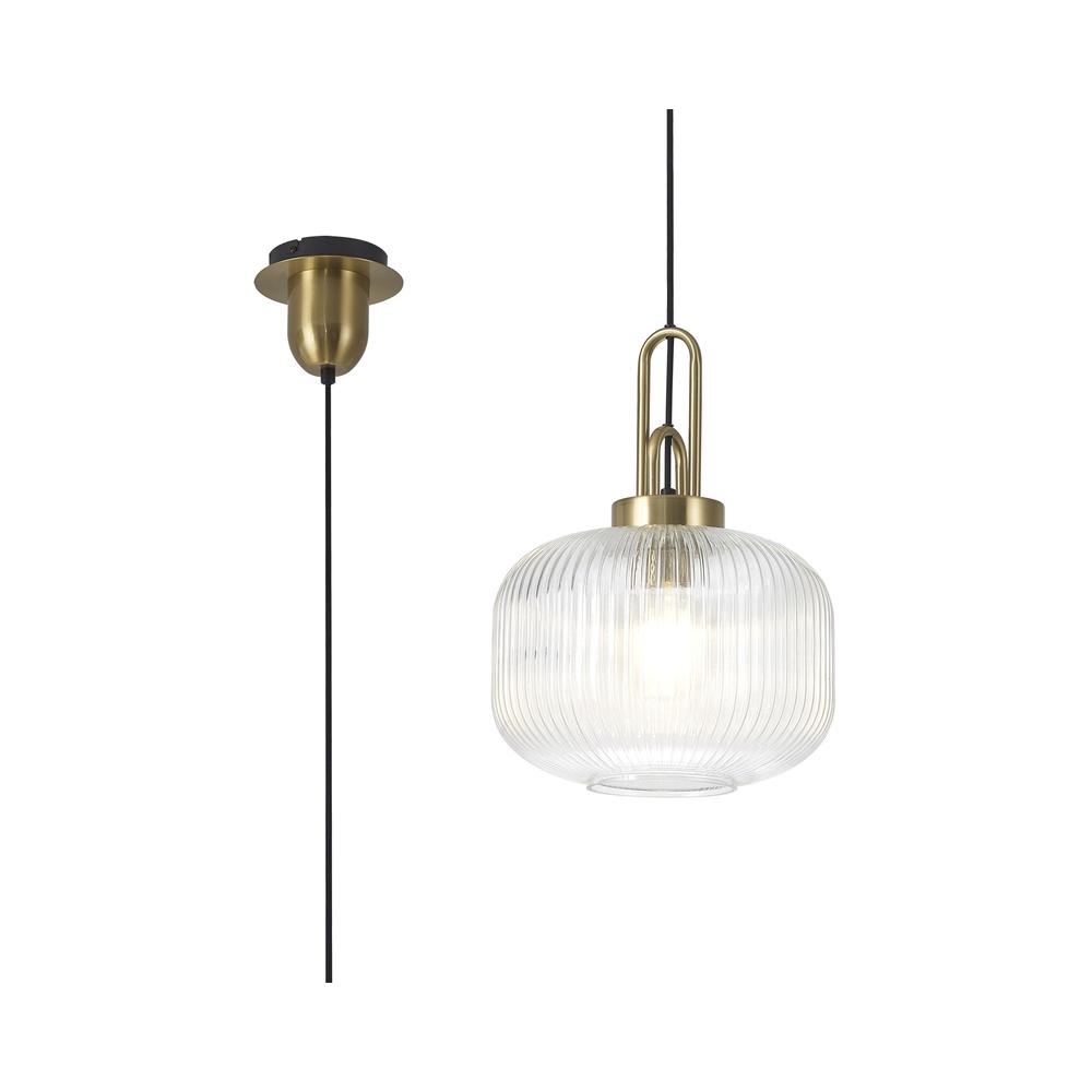 Luxuria Kennith Pendant Light E27 With 30cm Pumpkin Shaped Ribbed Glass Clear Brass Gold/Matt Black