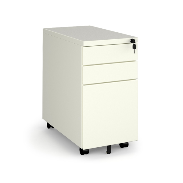 Steel 3 Drawer Narrow Mobile Pedestal - White