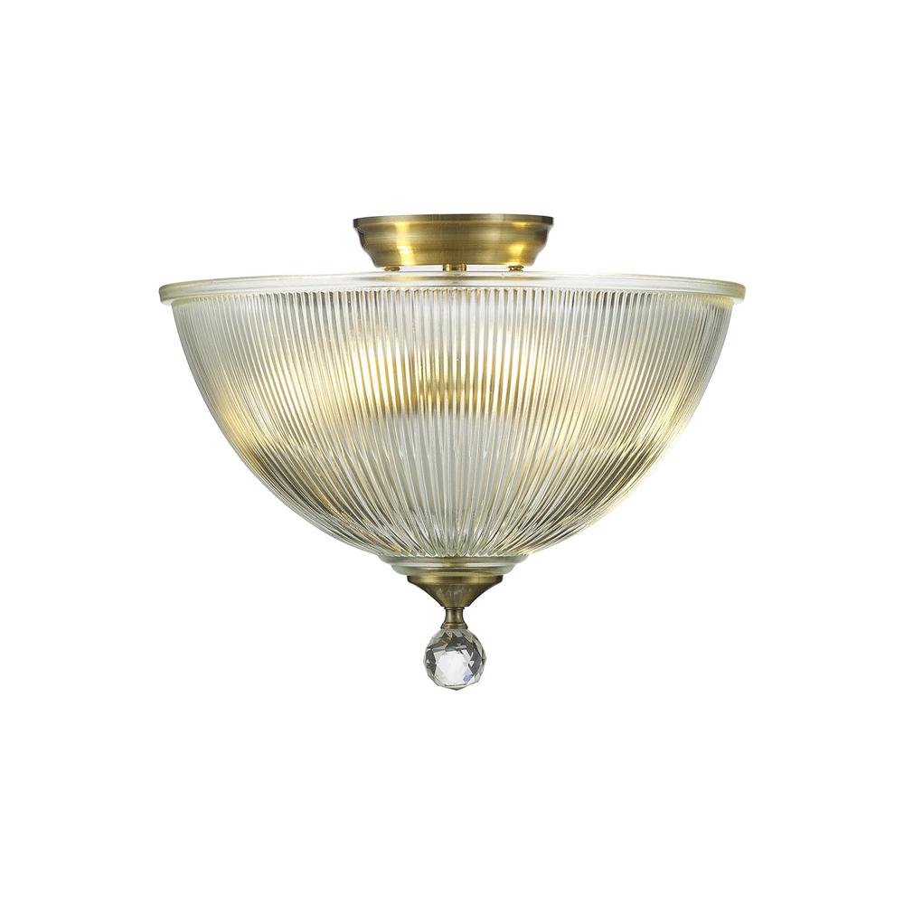 Luxuria Sirius Flush Ceiling Light 2xE27 With Dome 38cm Glass Shade Antique Brass/Clear