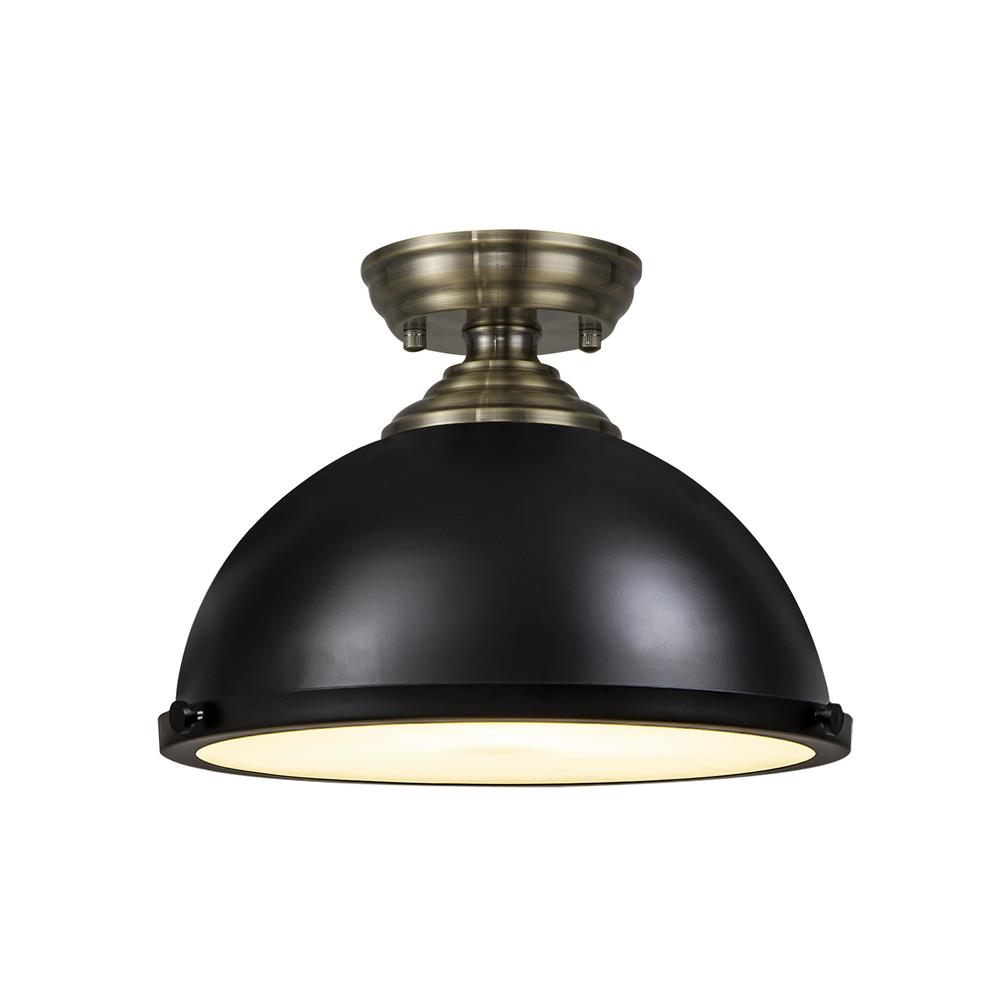 Luxuria Sirius Flush Ceiling Light E27 With Round 31cm Metal Shade Antique Brass/Matt Black/Frosted White