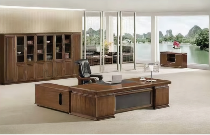 Large Executive Office Desk Real Wood Veneer With Black Leather - 2400mm / 2600mm / 2800mm - 3P241 UK