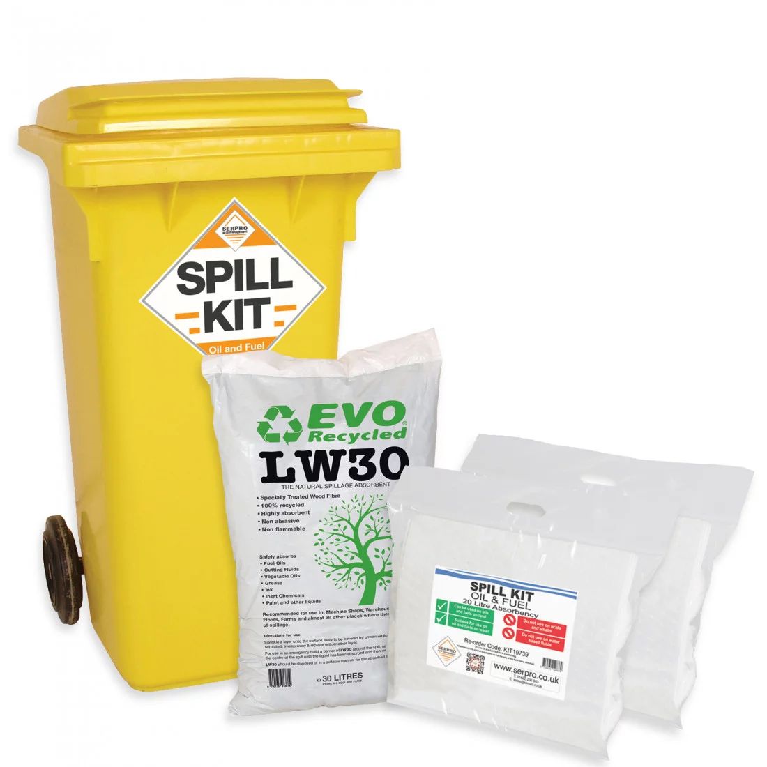 120 Litre Oil and Fuel Spill Kit with in Wheeled Bin with LW30 Granules