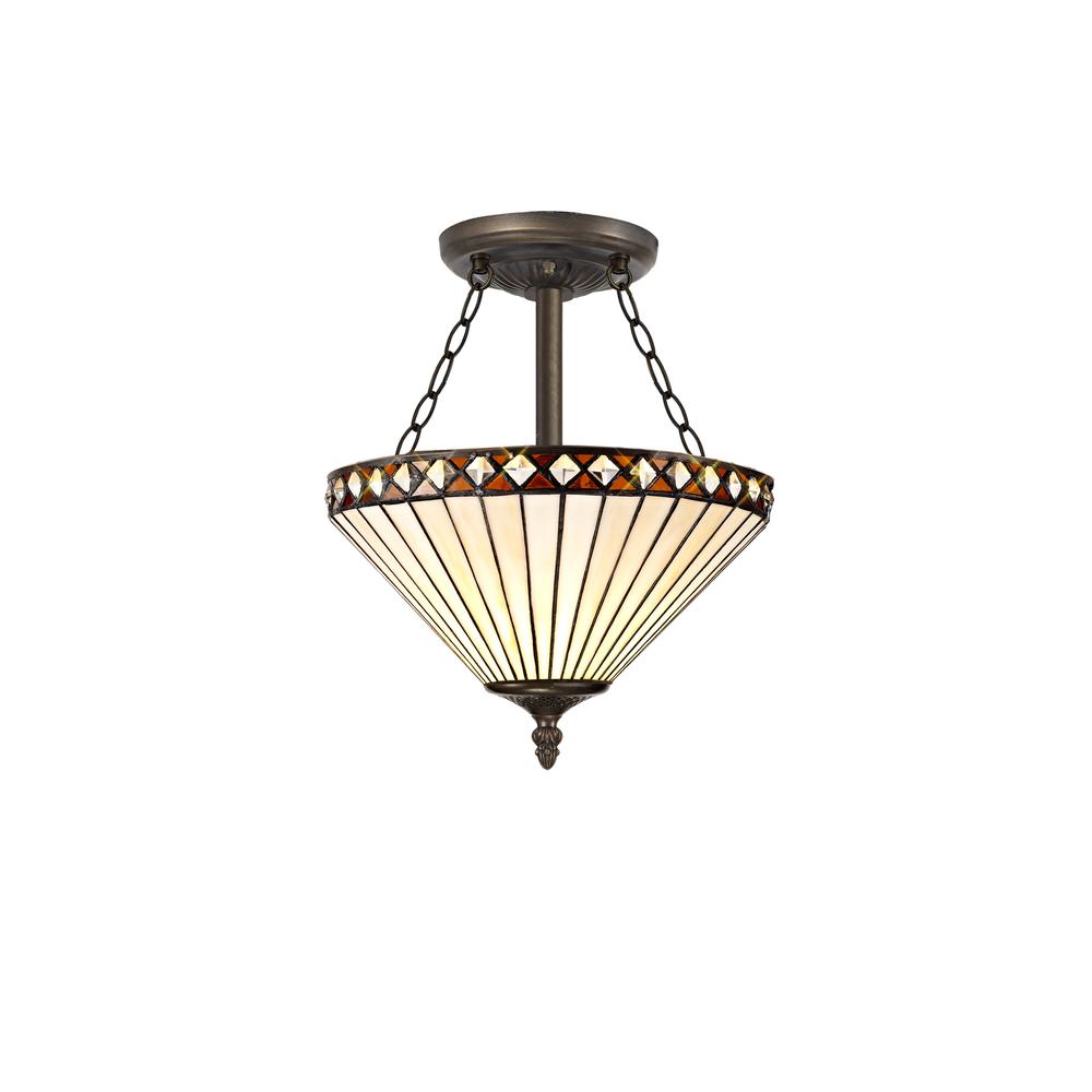 Luxuria Peacock Feather 30.5cm 3 Light Semi Flush E27 With 30cm Tiffany Shade Amber/Cream/Crystal/Aged Antique Brass