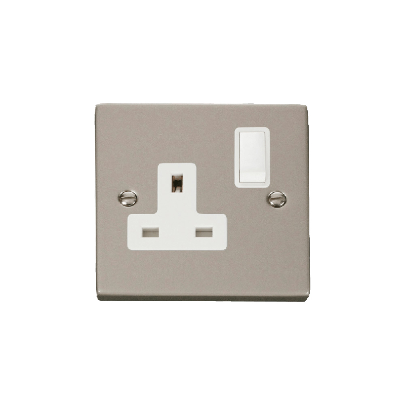 Click Deco 1 Gang 13A DP Switched Socket Outlet Pearl Nickel Insert White