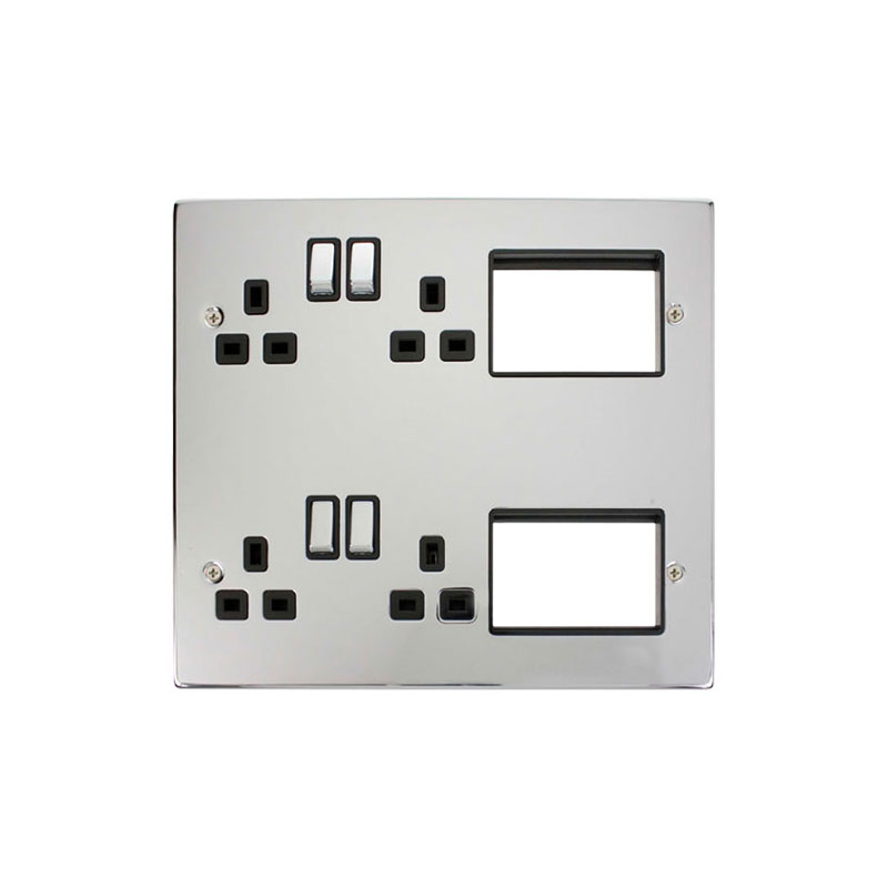 Click New Media 4 x 13A DP Switched Socket Outlets Front Plate Chrome With Insert Black