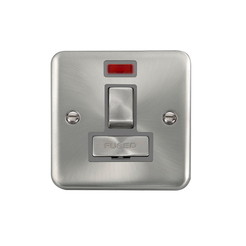 Click Deco Plus Switched Fused Spur Satin Chrome Grey Inserts Neon Light