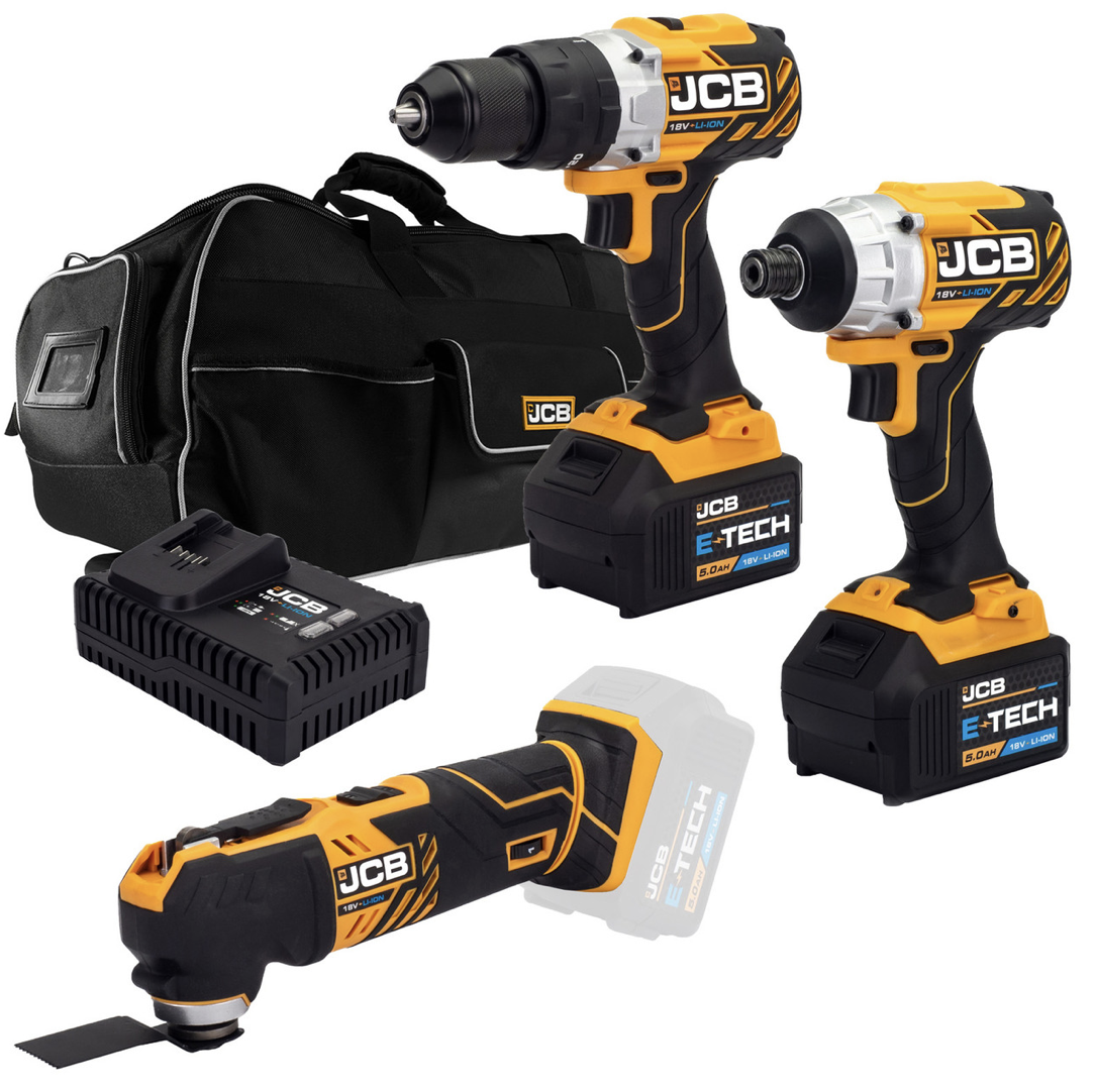 JCB 18V Cordless Combi Drill, Impact Driver & Multi-Tool Kit, 2x 5.0Ah Li-Ion Batteries, Charger, 26” Kit Bag 
