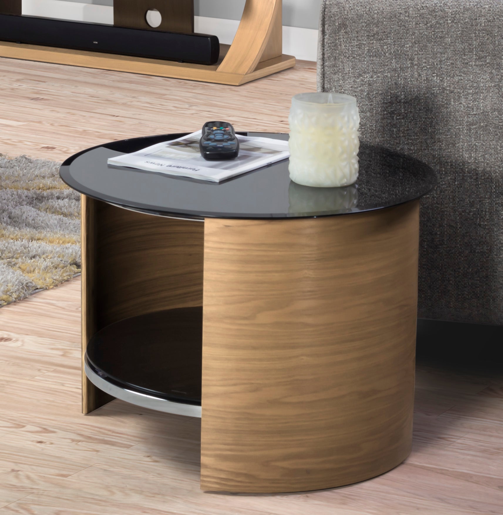 Specialising In Round Black Glass Lamp / Side Table with Oak Veneer - 610mm - JF303 North Yourkshire