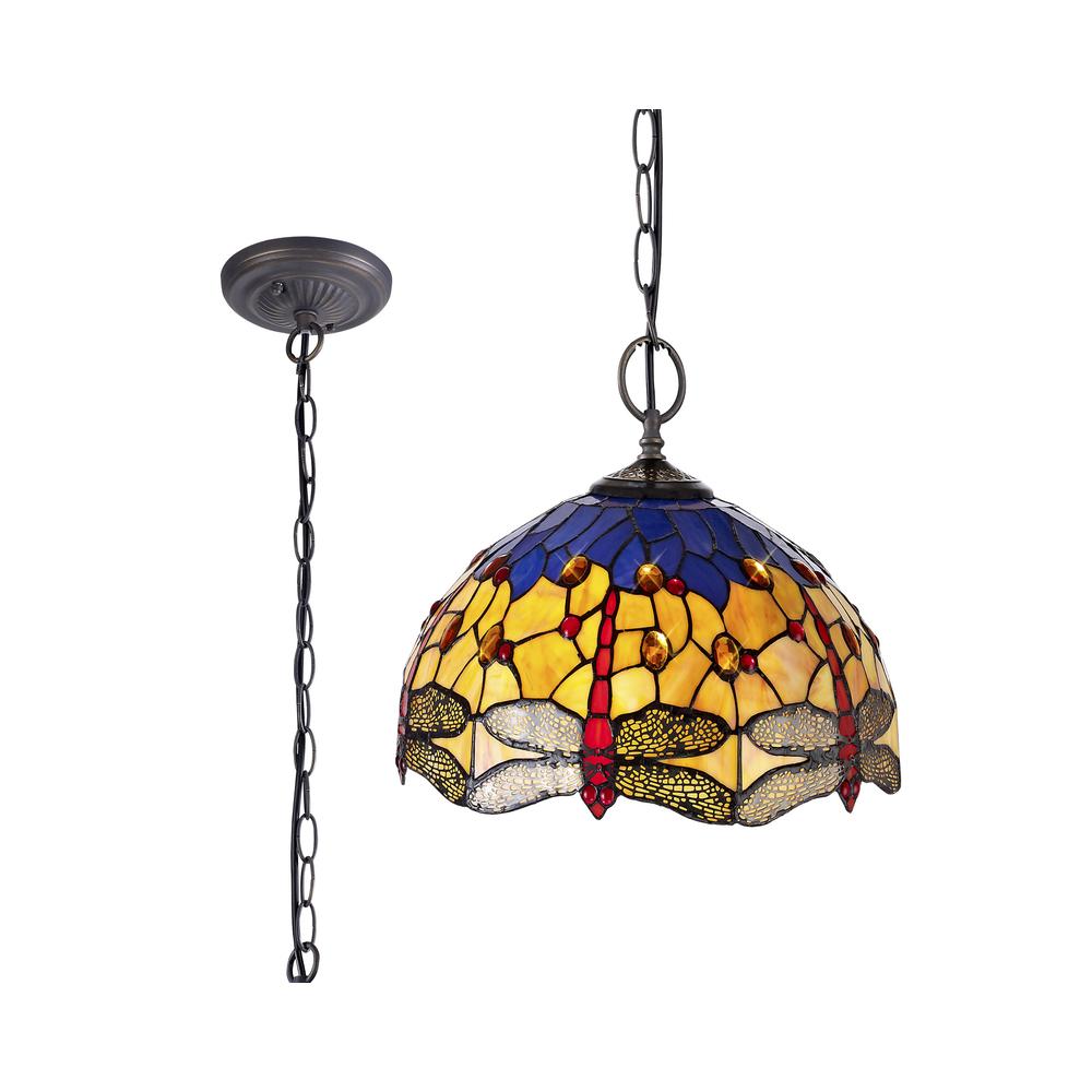 Luxuria Broadway 41cm 2 Light Downlighter Pendant E27 With 40cm Tiffany Shade Blue/Orange/Crystal/Aged Antique Brass