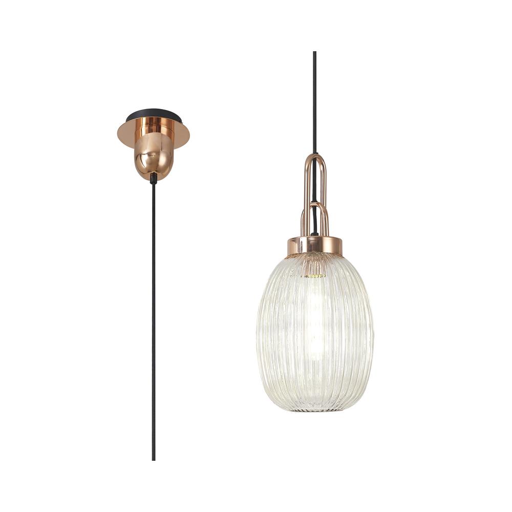 Luxuria Kennith Pendant Light E27 With 20cm Almond Ribbed Glass Champagne Copper/Matt Black