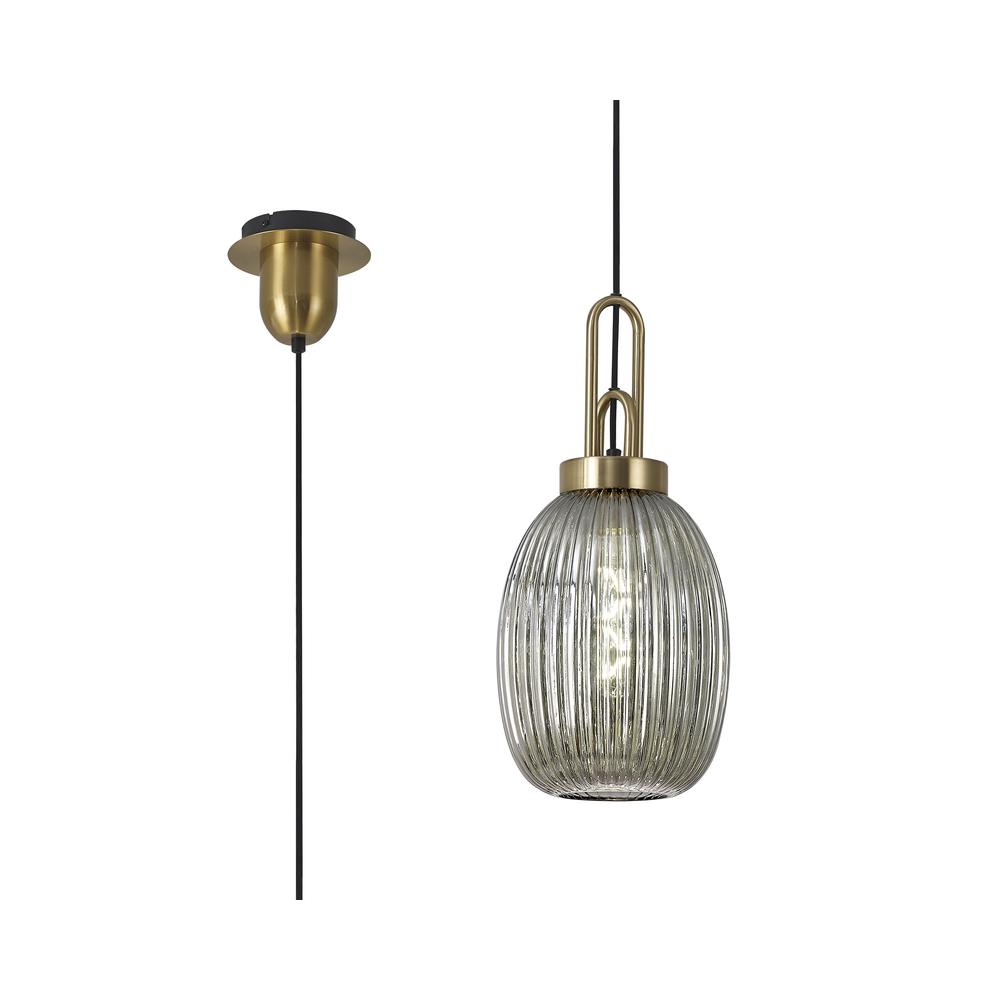 Luxuria Kennith Pendant Light E27 With 20cm Almond Ribbed Glass Smoked Brass Gold/Matt Black