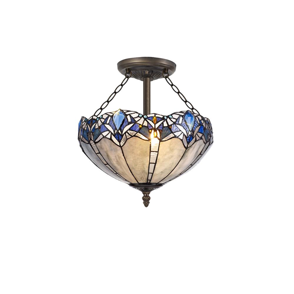 Luxuria Axis 41cm 3 Light Semi Flush E27 With 40cm Tiffany Shade Blue/Clear Crystal/Aged Antique Brass