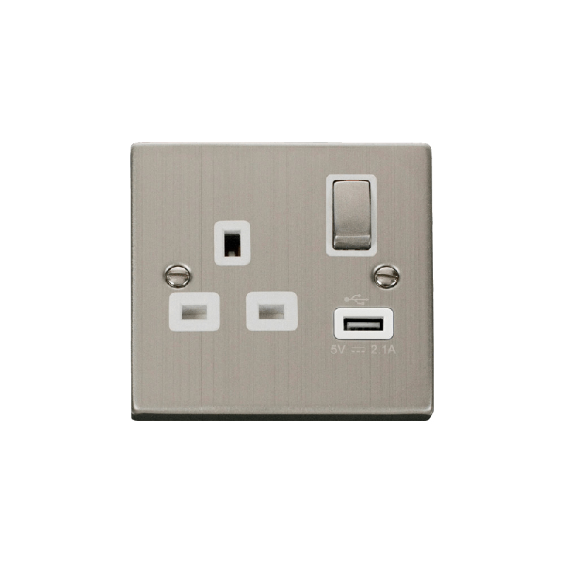 Click Deco 13A Ingot 1G Switched Socket with USB Outlet Stainless Steel Insert White