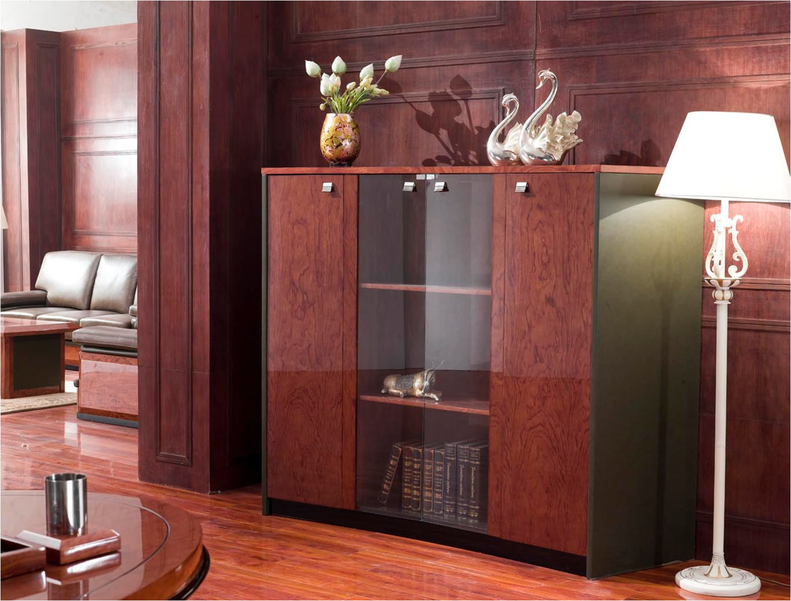 Specialising In Walnut Gloss & Olive Leather Executive Cabinet with Glass Doors - 2020mm - 6865T UK