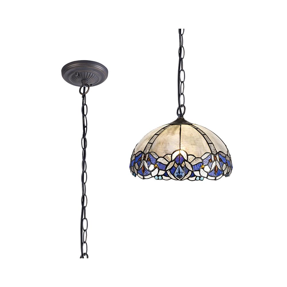 Luxuria Axis 1 Light Downlight Pendant E27 With 30cm Tiffany Shade Blue/Clear Crystal/Aged Antique Brass