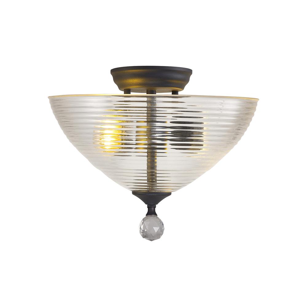 Luxuria Sirius Flush Ceiling Light 2xE27 With Round 33.5cm Prismatic Effect Glass Shade Graphite/Clear