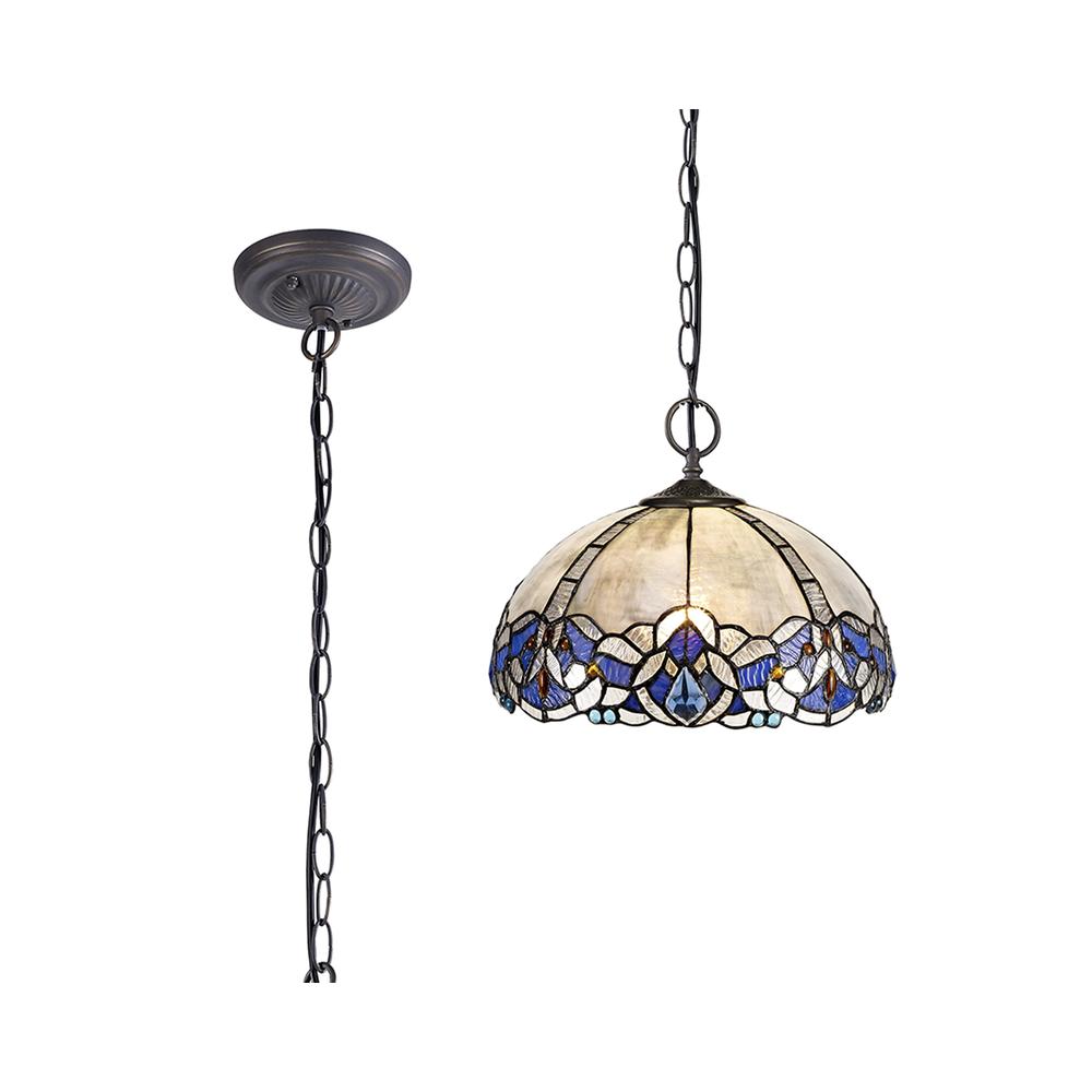 Luxuria Axis 2 Light Downlight Pendant E27 With 30cm Tiffany Shade Blue/Clear Crystal/Aged Antique Brass