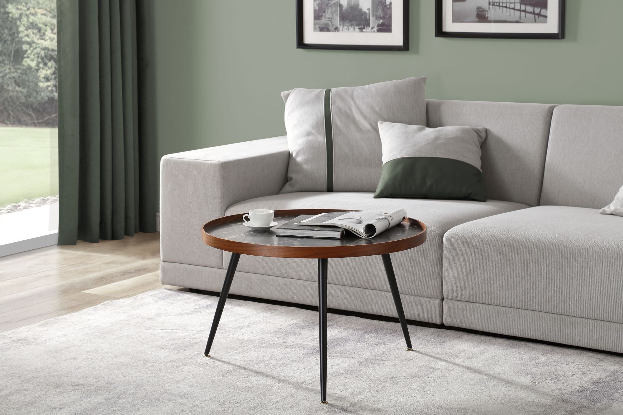 Specialising In Round Black Marble Coffee Table with Walnut Veneer - 700mm - JF328 UK