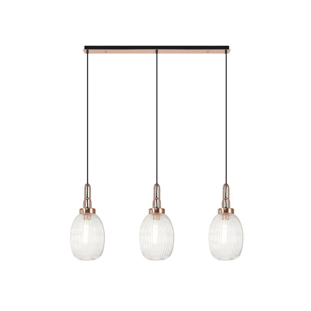 Luxuria Kennith Linear 3 Light Pendant E27 With 20cm Almond Ribbed Glass Clear Copper/Matt Black