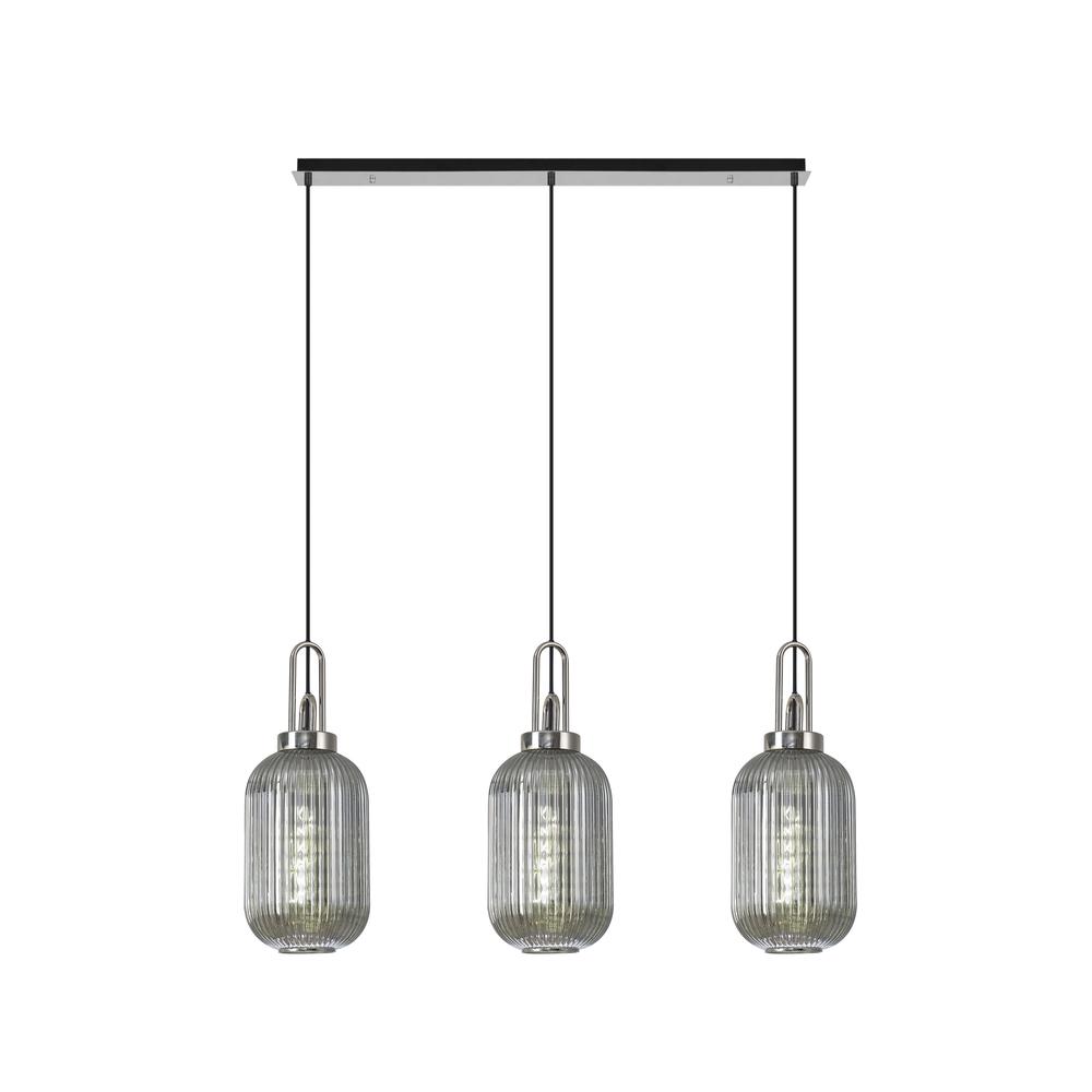 Luxuria Kennith Linear 3 Light Pendant E27 With 20cm Tubular Ribbed Glass Smoked Polished Nickel/Matt Black