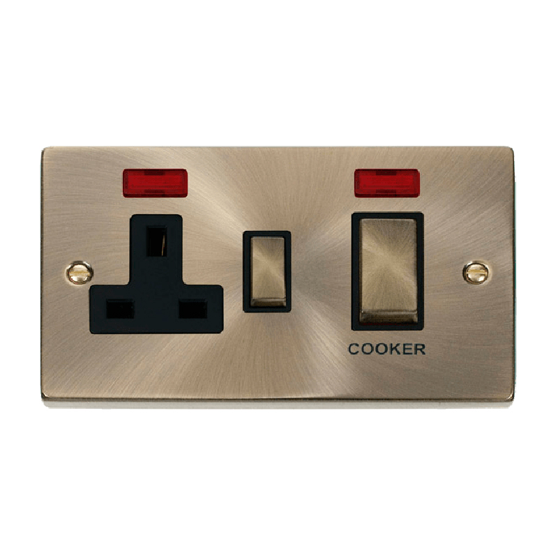 Click Deco 45A Ingot DP Switch with 13A Switched Socket and Neons Antique Brass Insert Black