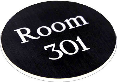 Engraved Sign with adhesive backing - 95mm dia White text on black