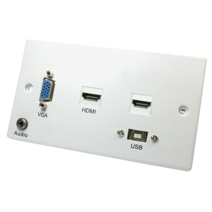 Projector Faceplate Double Gang Plastic 1x VGA 2x HDMI 1x 3.5mm 1x USB-B White NX-WP-072USBXB 4K 60Hz 4:4:4