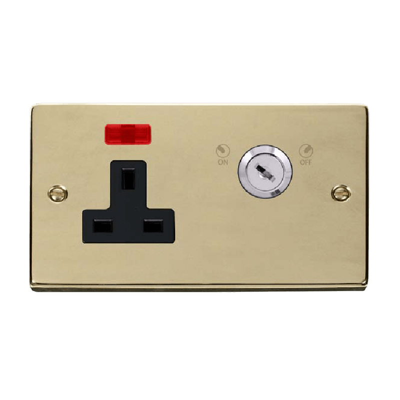 Click Deco 13A 1 Gang DP Key Lockable Socket With Neon Polished Brass Insert Black