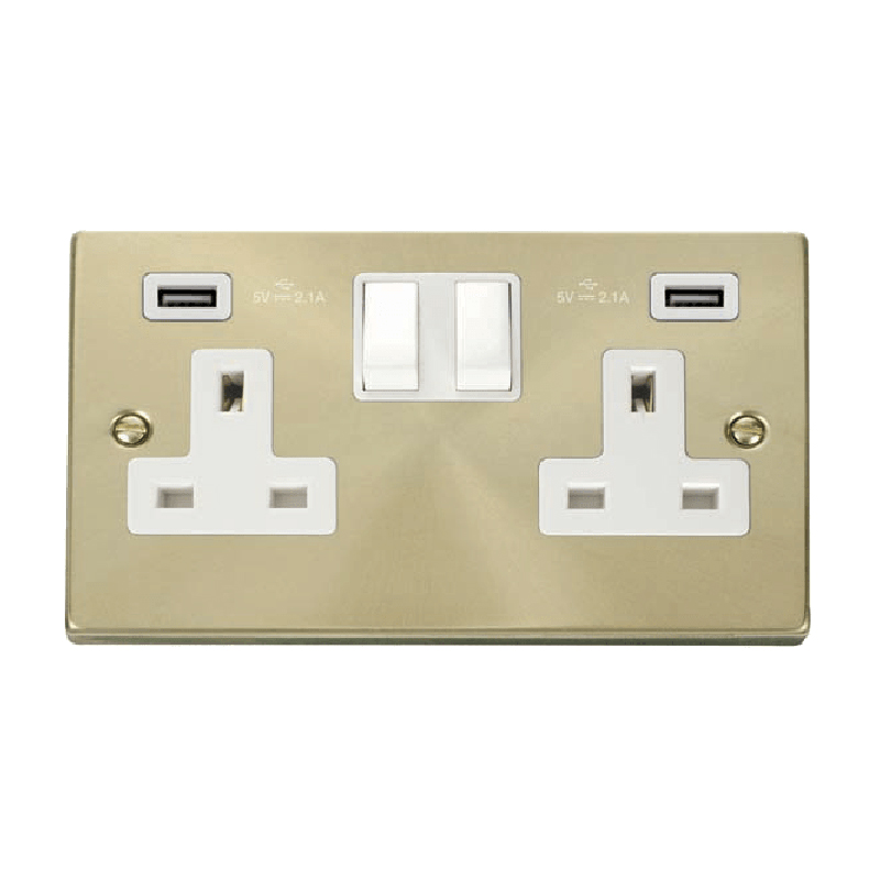 Click Deco 13A 2G Switched Socket with Twin 2.1A USB Outlets Satin Brass Insert White