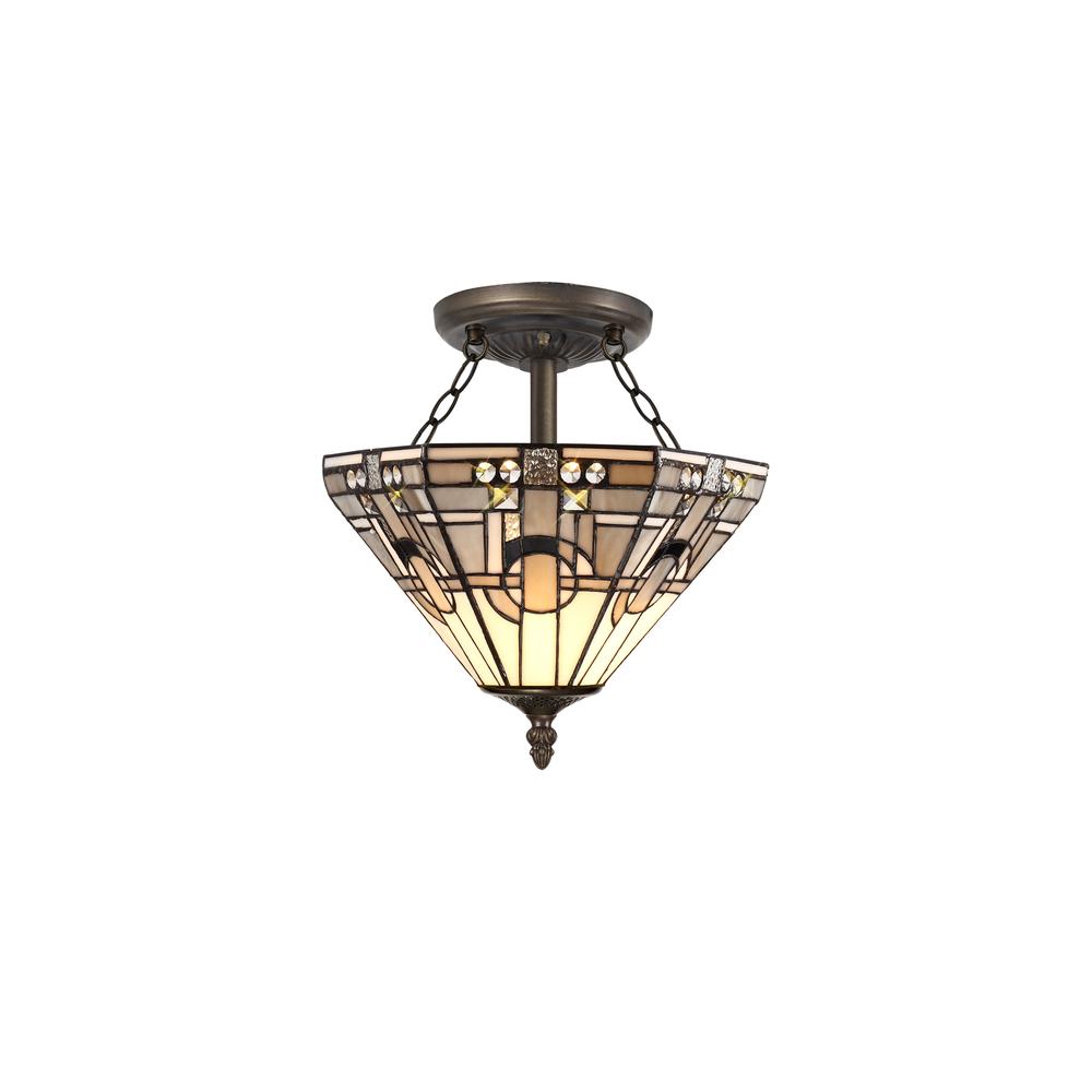 Luxuria Equinox 2 Light E27 Semi Flush With Tiffany Shade 30cm Shade White/Grey/Black/Clear Crystal/Aged Antique Brass