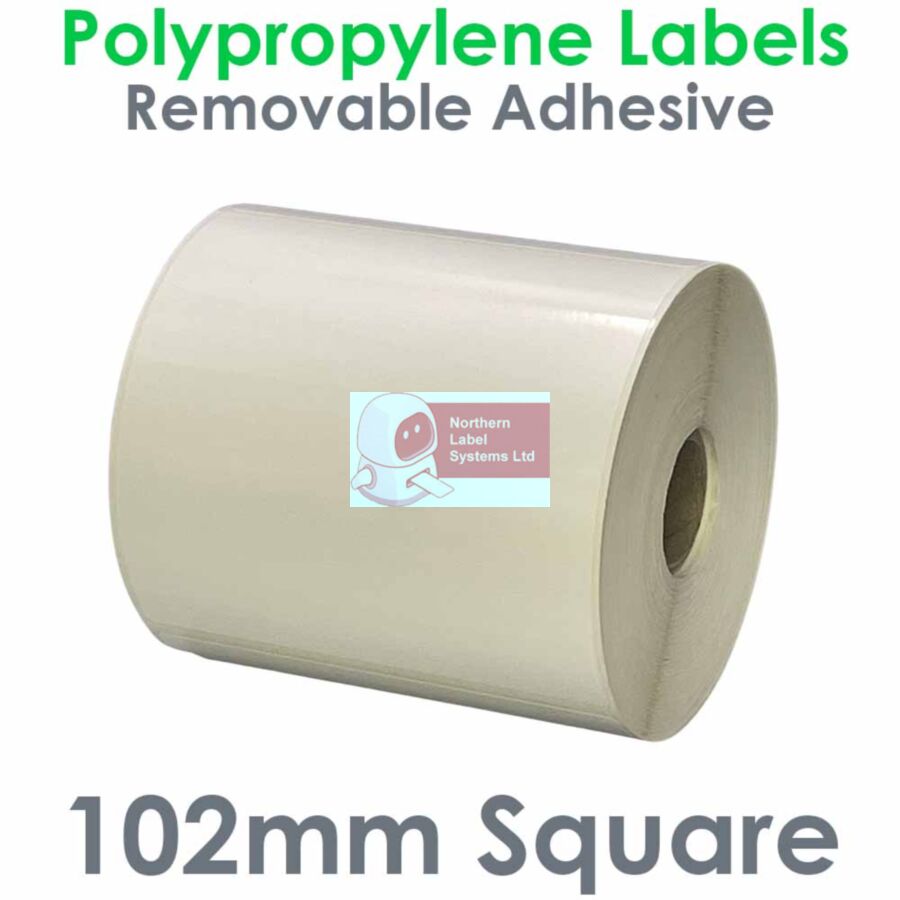 102102GPYRW1-500, 102mm x 102mm Polypropylene Label, Removable Adhesive, 500 per roll FOR SMALL DESKTOP LABEL PRINTERS