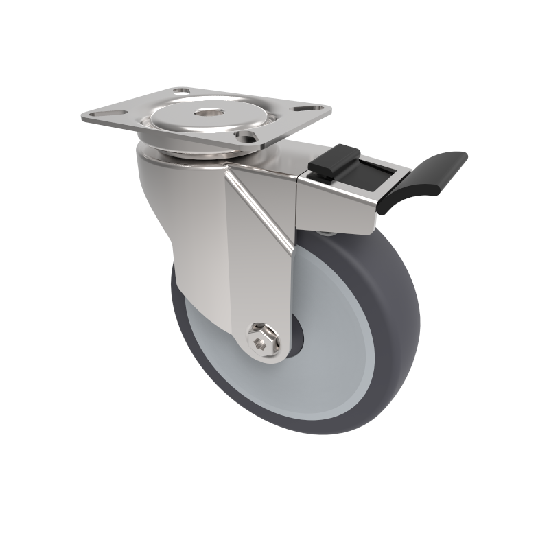 Grey Rubber Plate Swivel Castor Brake 125mm 100kg Load