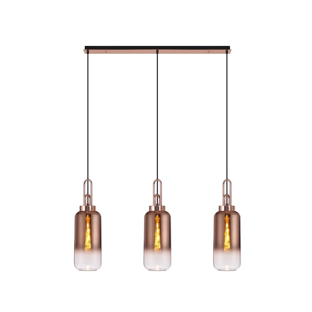 Luxuria Kennith Linear 3 Light Pendant E27 With 16cm Cylinder Glass Copper/Clear Copper/Matt Black