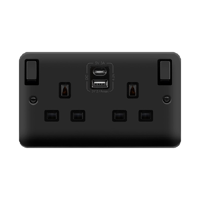 Click Deco Plus 13A Ingot 2G Switched Socket Outlet With Type A & C USB 4.2A Outlets Matt Black Black Inserts