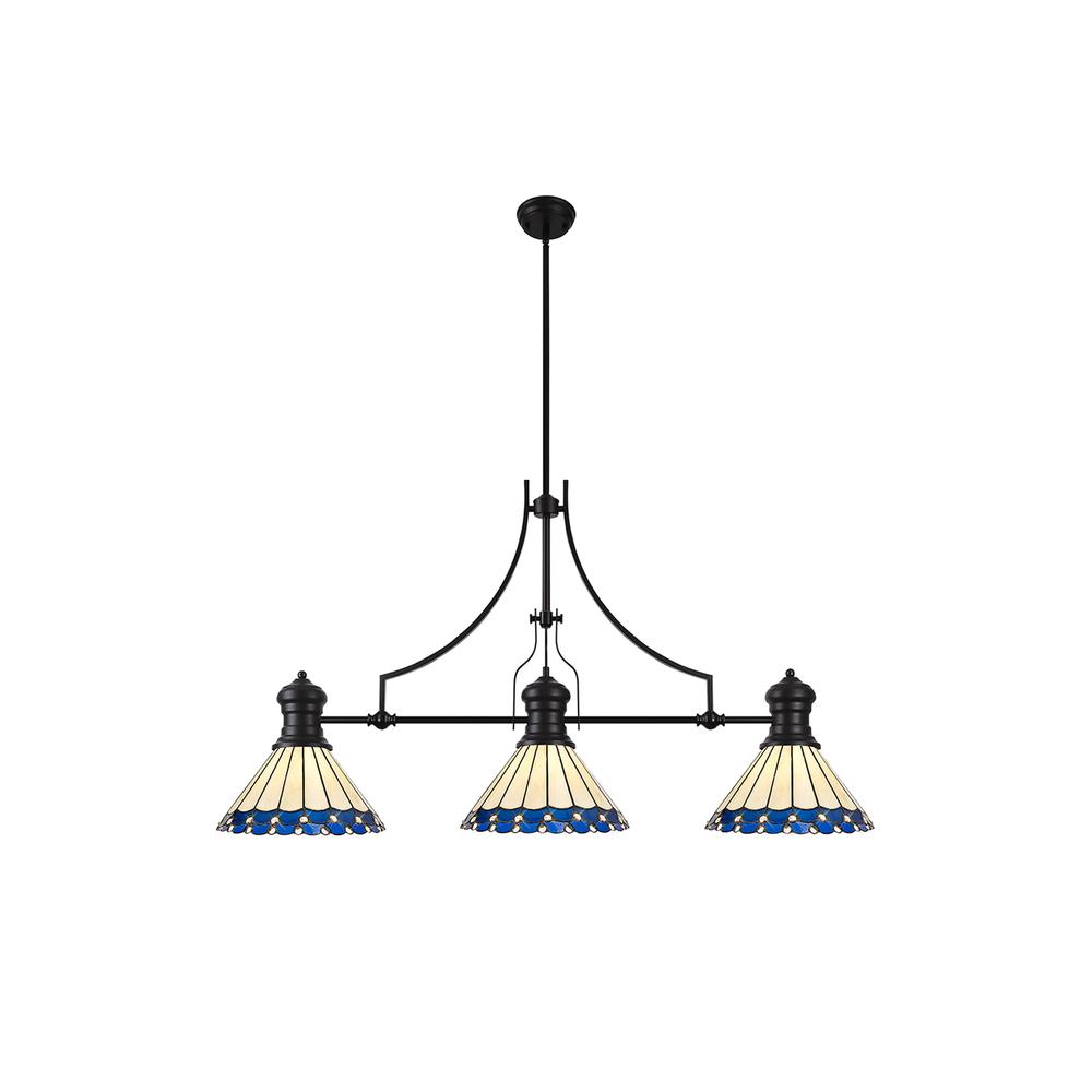 Luxuria Sleek 3 Light Linear Pendant E27 With 30cm Tiffany Shade Matt Black Blue Cream Crystal