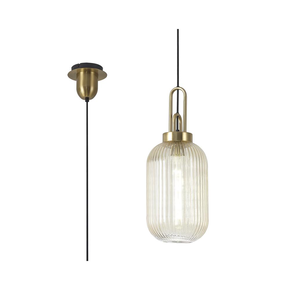 Luxuria Kennith Pendant Light E27 With 20cm Tubular Ribbed Glass Champagne Brass Gold/Matt Black