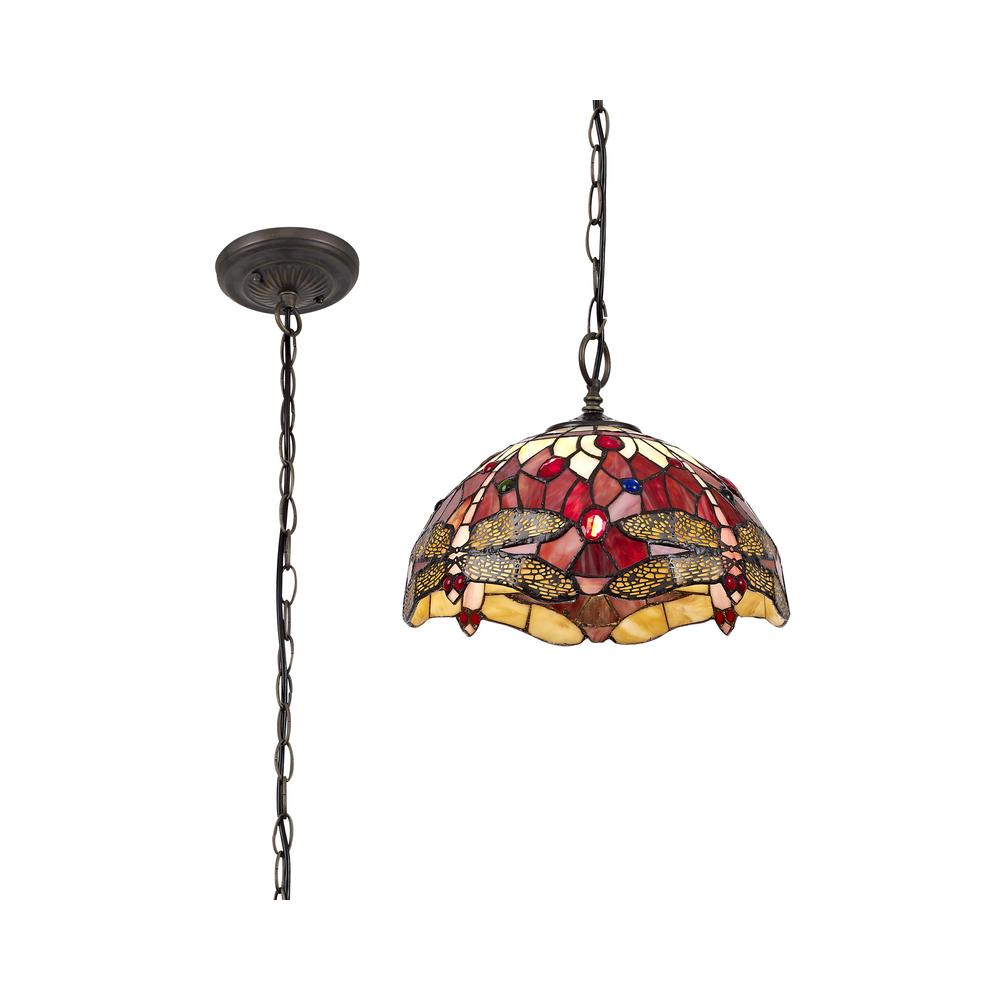 Luxuria Broadway 1 Light Downlighter Pendant E27 With 30cm Tiffany Shade Purple/Pink/Crystal/Aged Antique Brass