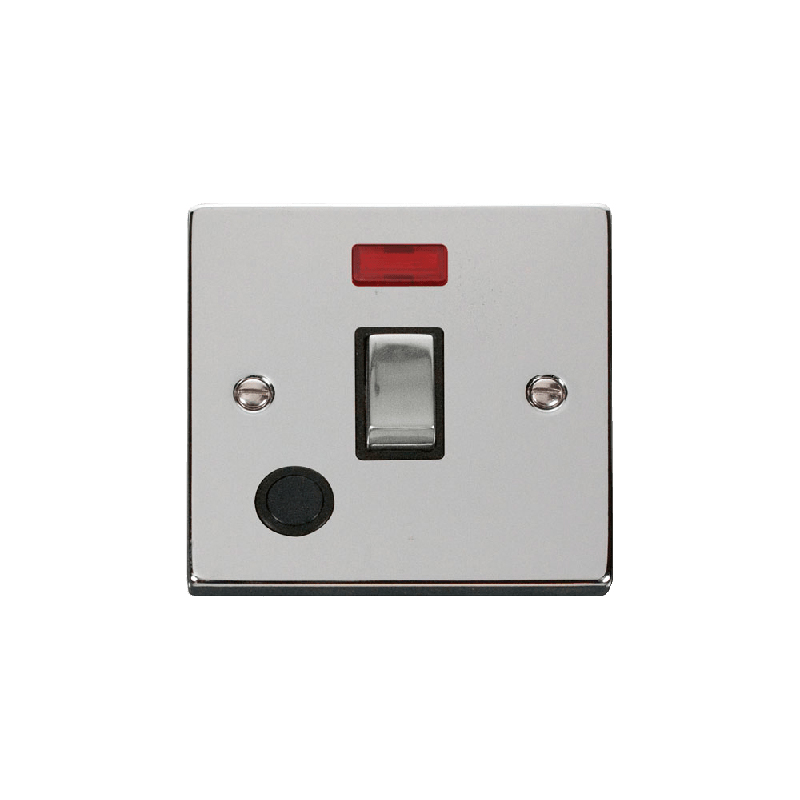 Click Deco 20A 1 Gang DP 'Ingot' Switch With Flex Outlet and Neon Polished Chrome Insert Black