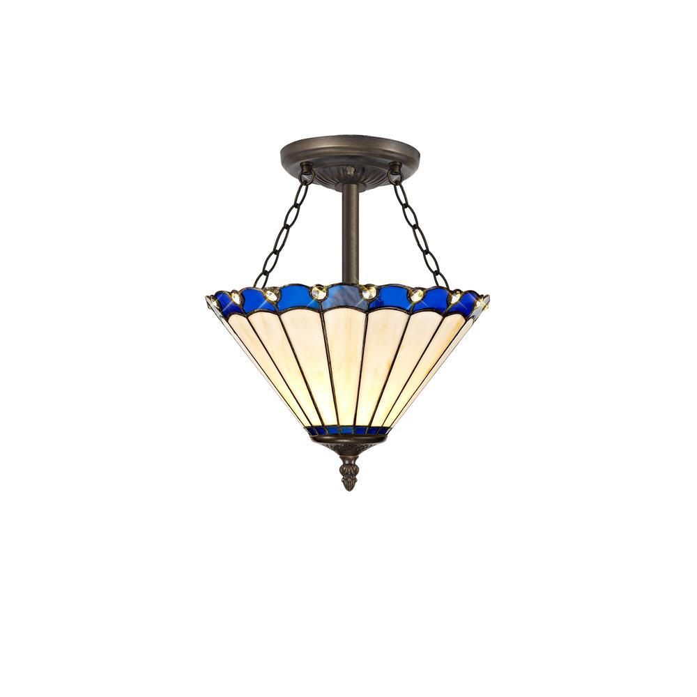 Luxuria Sleek 3 Light Semi Flush E27 With 30cm Tiffany Shade Blue/Cream/Crystal/Aged Antique Brass