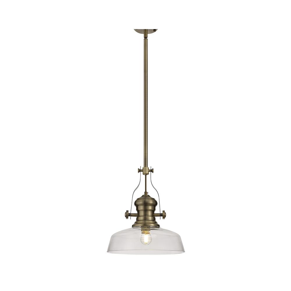 Luxuria Serena Pendant Light E27 With 30cm Flat Round Glass Shade Antique Brass/Clear