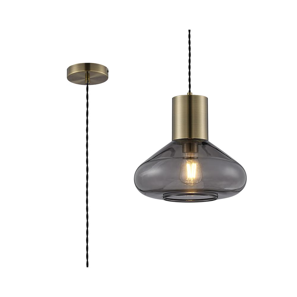 Luxuria Nexus 31cm Wide Pendant Light E27 Antique Brass/Inky Black Glass